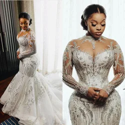 Fairy Luxury Elegant Sequins Mermaid Wedding Dress High Neck Long Sleeve Plus Size Bridal Gowns Crystal Bride robes de mariée