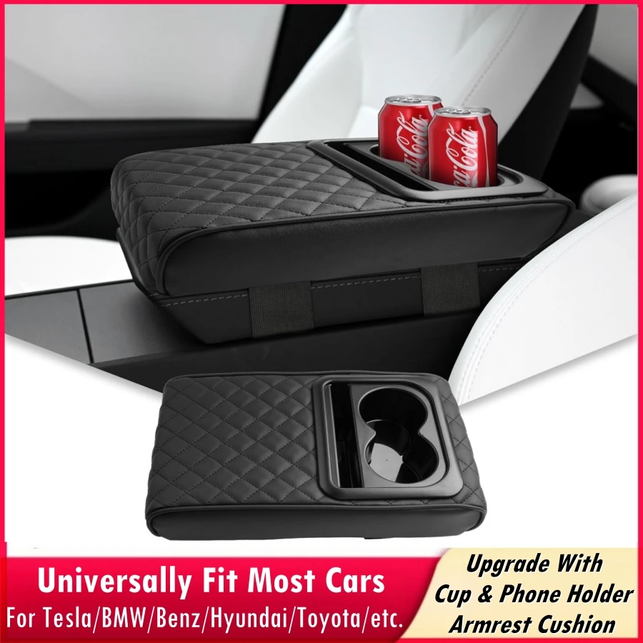 

Universally Car Armrest Cushion with Cup & Phone Holder For Tesla Model Y & 3 Auto Center Console Armrest Pillow Arm Rest Cover