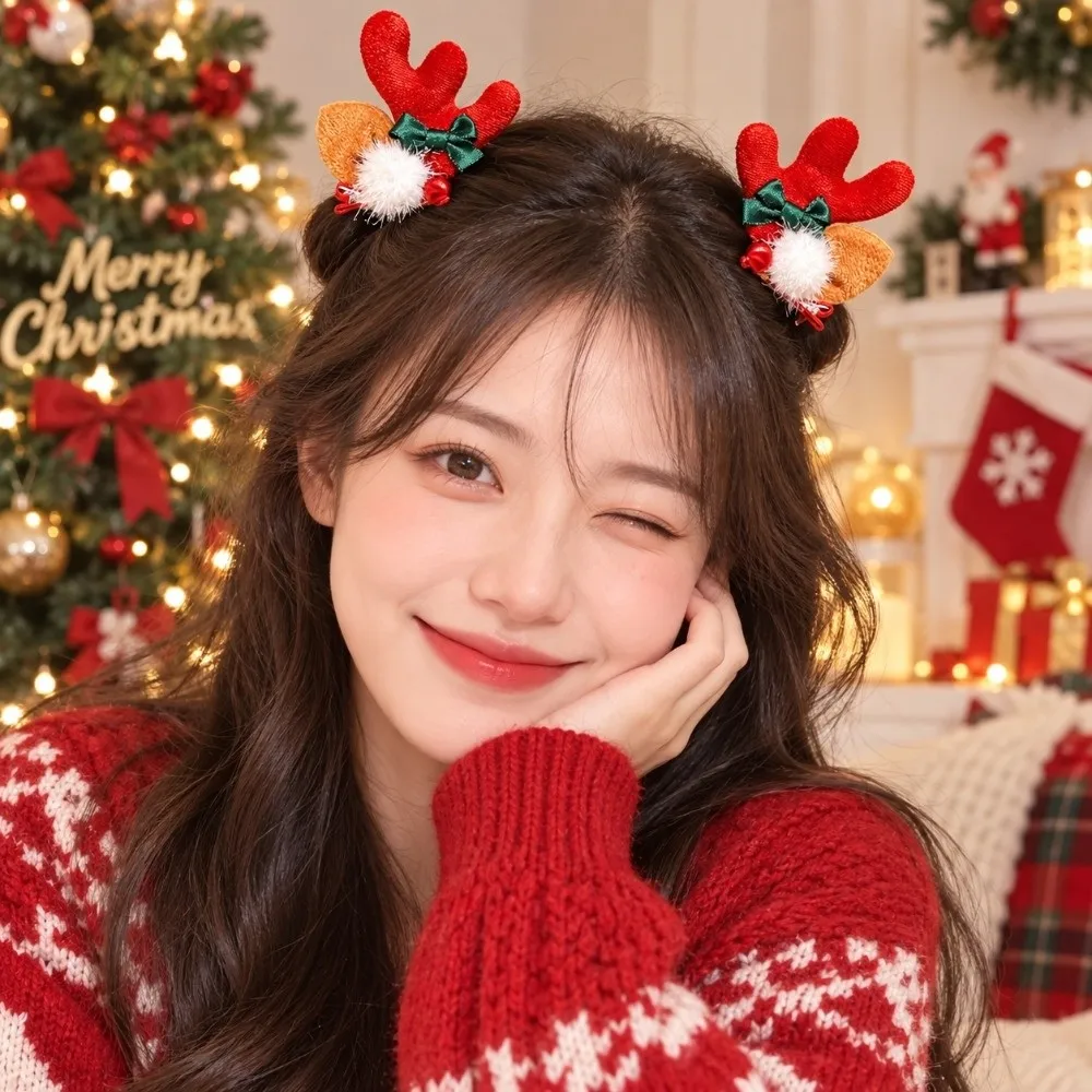 2pcs/set Gift Red Reindeer Antler Hair Clips with Bow Pom-pom Christmas Hair Accessory Cute Elk Horn Hair Clips Photo Props