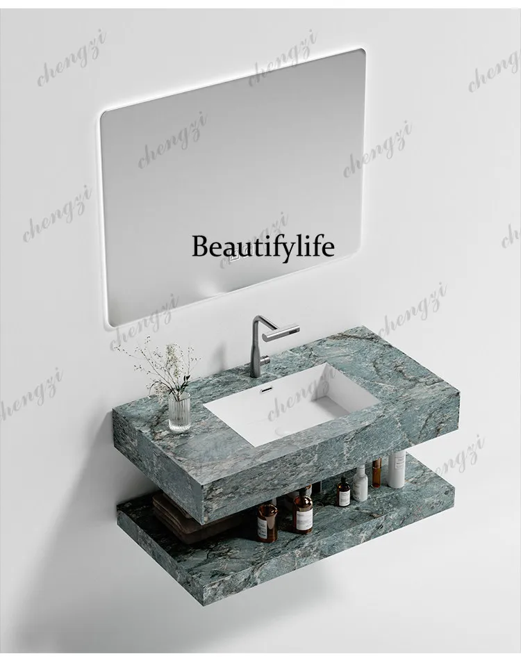 PPP Cut-corner Seamless Ceramic Wash Basin Cabinet, Modern Open-style Sintered Stone Bathroom Vanity Combo