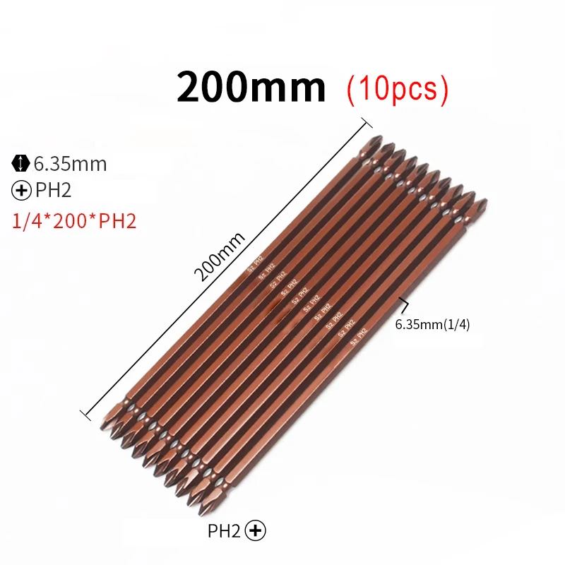 

10 шт./набор, насадки для электрической отвертки PH2, 65 мм/100 мм/150 мм/200 мм/250 мм/300 мм