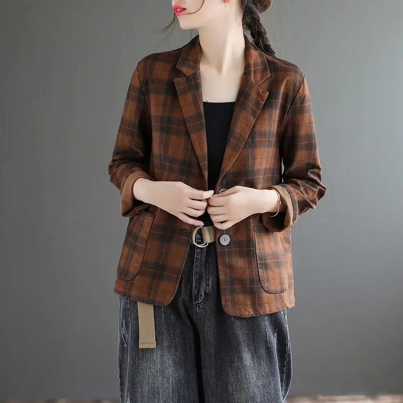 Fashion Lapel Button Pockets Printed Plaid Blazers Women Clothing 2024 Autumn New Loose Long Sleeve Casual Tops All-match Blazer