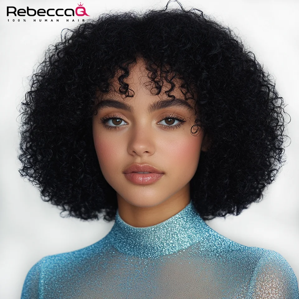 

Short Curly Human Hair Wigs with Bangs Easy to Wear Glueless Wig 200 Density Brazilian Remy Short Curly Bob Bangs Wig Human Hair