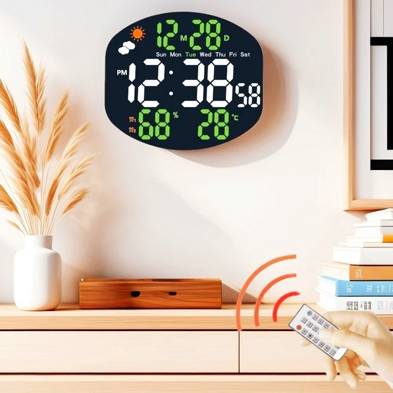 Weather Station Large Digital Wall Clock TEMP Humidity Date Week Night Mode Table Clock 2 Alarm 12/24H USB LED Alarm Clock
