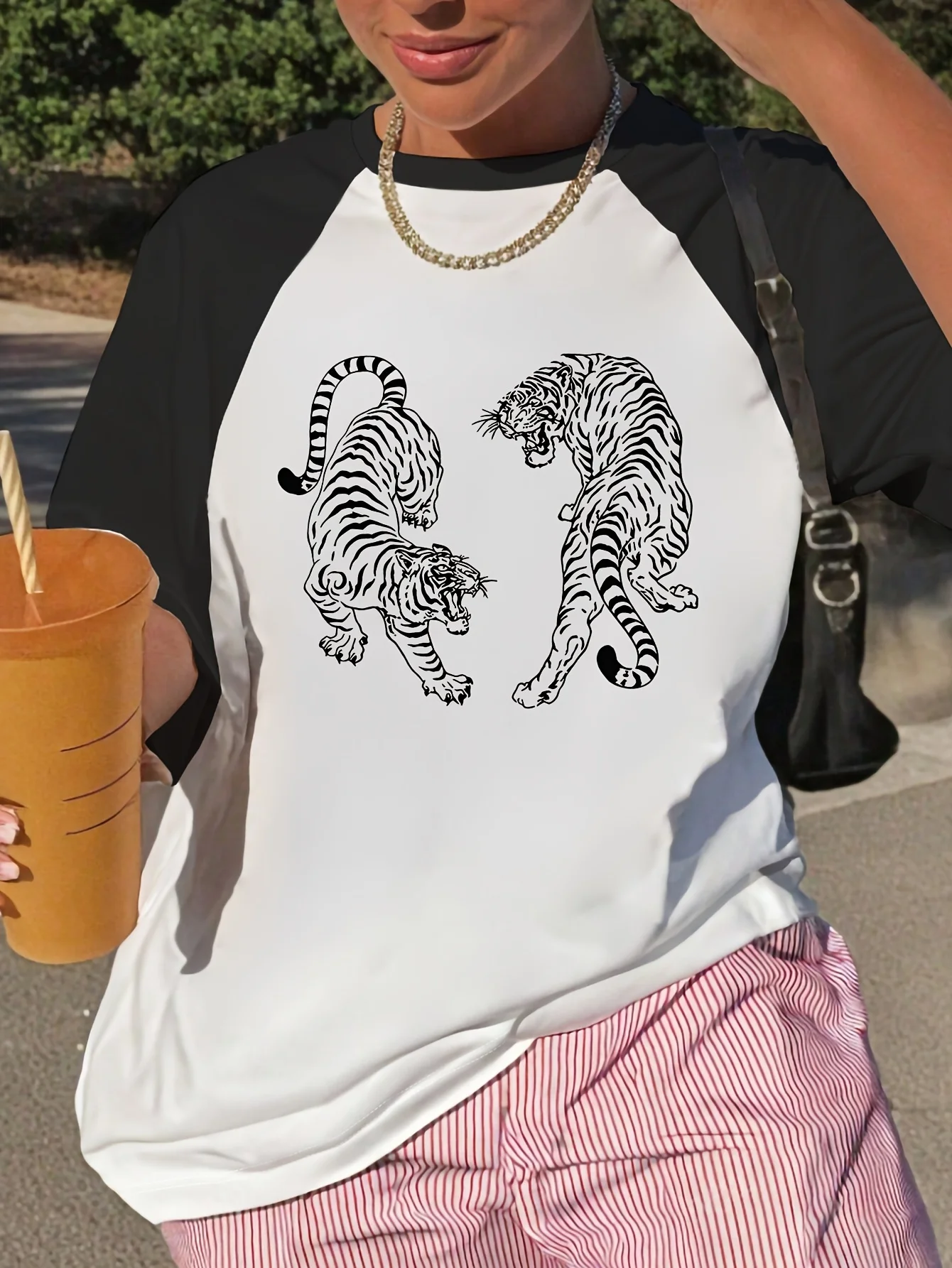 Lazy-style Raglan T-shirt Bestie Date Shopping Instagram-cool Print Short Sleeve Loose Tiger Tshirt Autumn Layered Outerwear