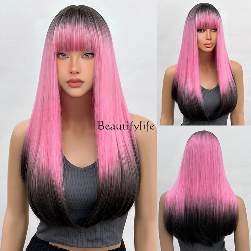 

Wig full head shape long loose straight hair pink black gradual change color ribbon bangs women's