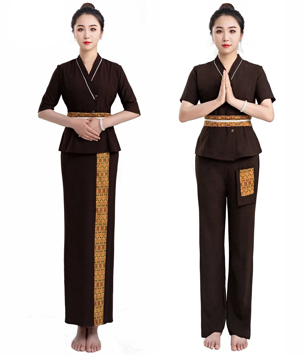 10 Suits Can Customizable Embroidered Logo Thailand SPA Uniform Thai Massage Health Therapist Work Clothes Tops + Pants or Skirt
