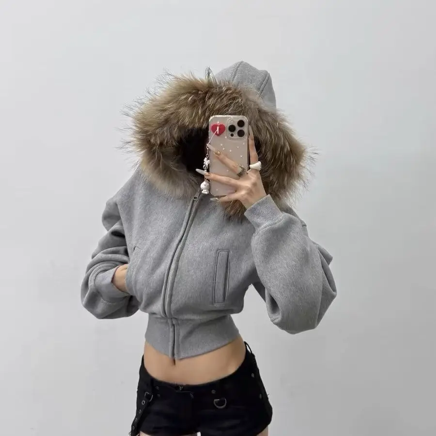 Y2k Cropped Jacket Vintage Fur Collar Short Sweatshirt Zip Hoodies Autumn Winter New Design Cardigan Coat Grunge Kawaii Clothes
