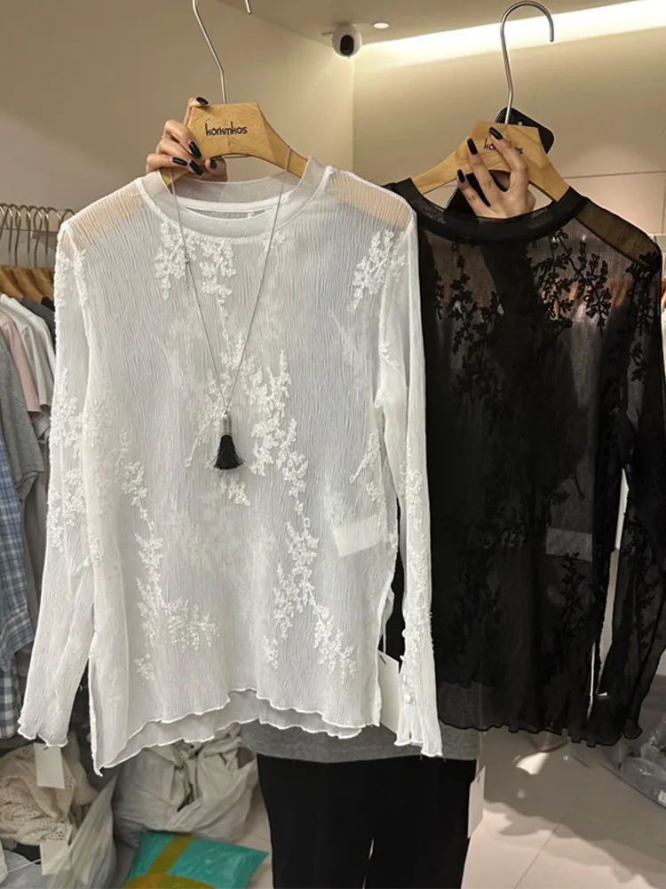 Women's Jacquard Long Sleeve Micro Transparent T-shirt Sexy Lace Shirt Stacked Bottom Blouse Round Neck Pullover Top
