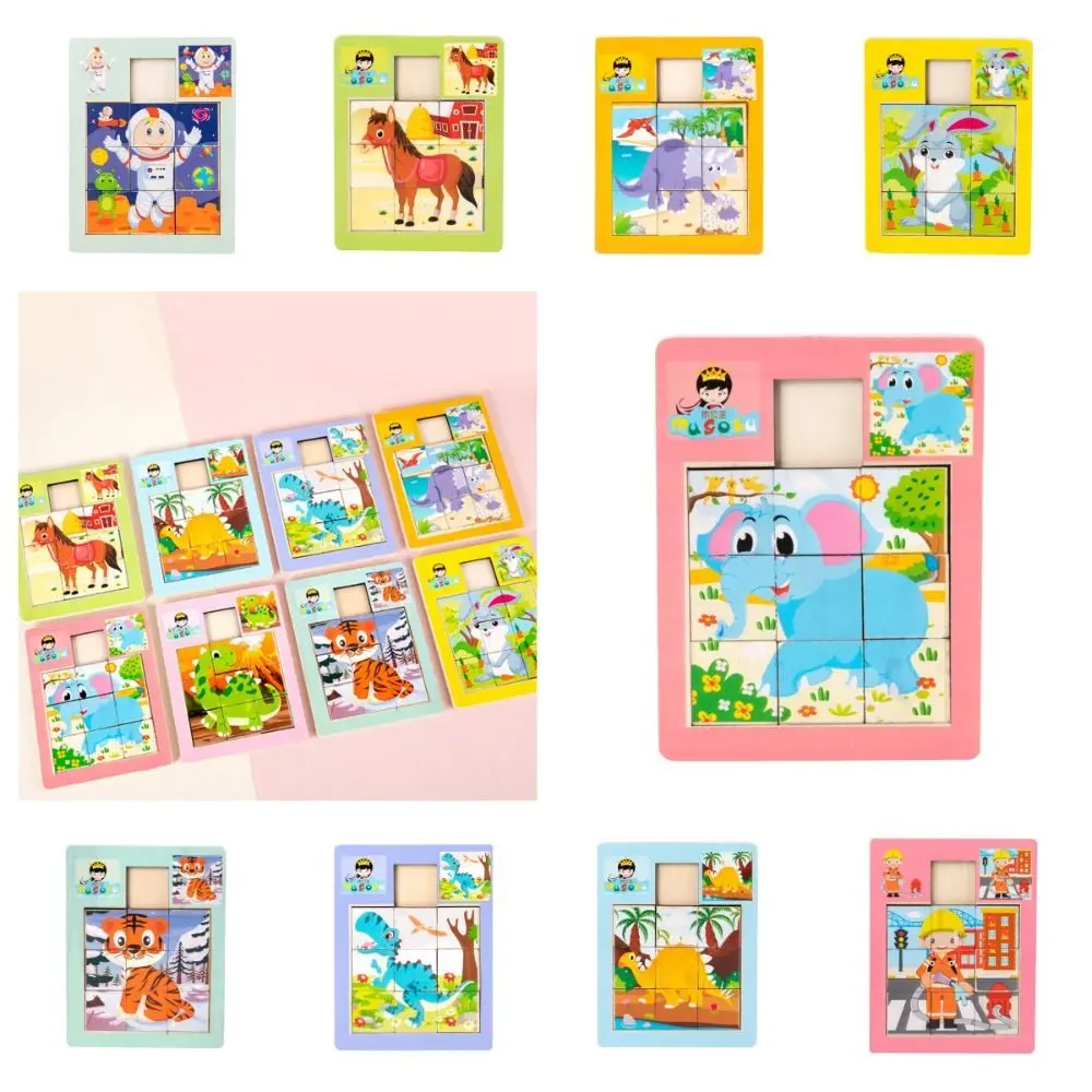 Cartoon Wood Animal Sliding Puzzle Dinosaur Brain Training Movable Jigsaw Toy Logic Game Children