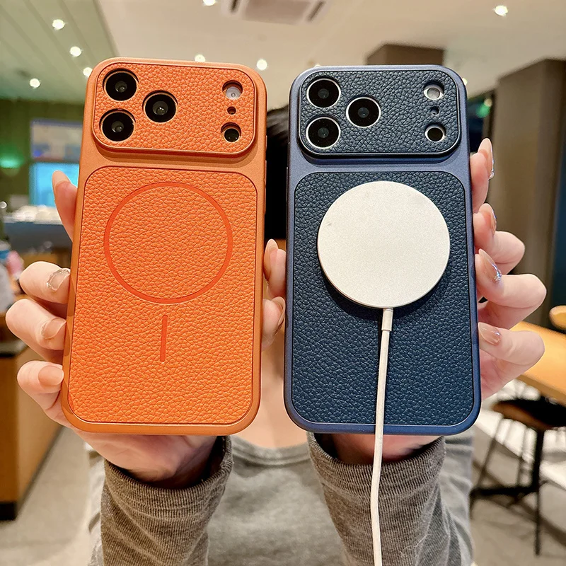Funda de Lujo para Teléfono con Textura de Piel de Lichi, Magnética, Compatible con Carga Inalámbrica MagSafe, Resistente a Impactos, para iPhone 17 16 15 14 13 Pro Max