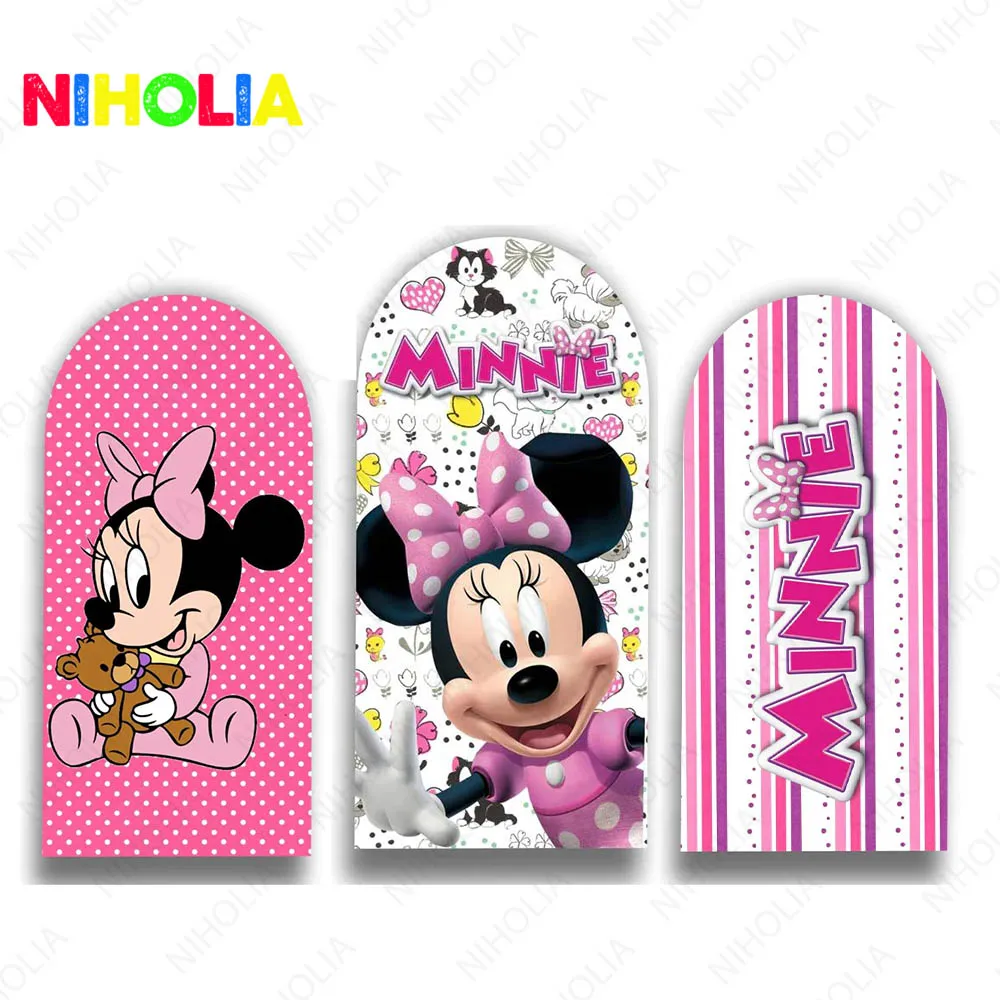 

Disney Minnie Mouse Arch Covers Photography Backdrop Pink Stripes Birthday Doubleside Background Polyester Photo Booth Props