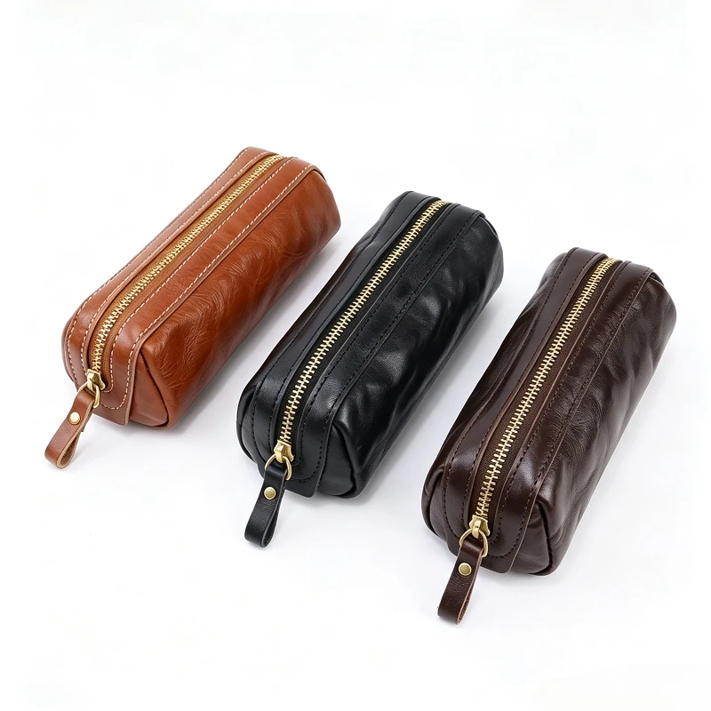 Retro Top Layer Cowhide Storage Makeup Pouch, Multi-scene Zipper Bag Holds Makeup Brushes Fountain Pens Small Essentials