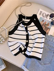 2024 New Summer Striped Colorblock Button Detail Knitted Top Casual Sleeveless Crew Neck Top Women's Clothing Crop Top