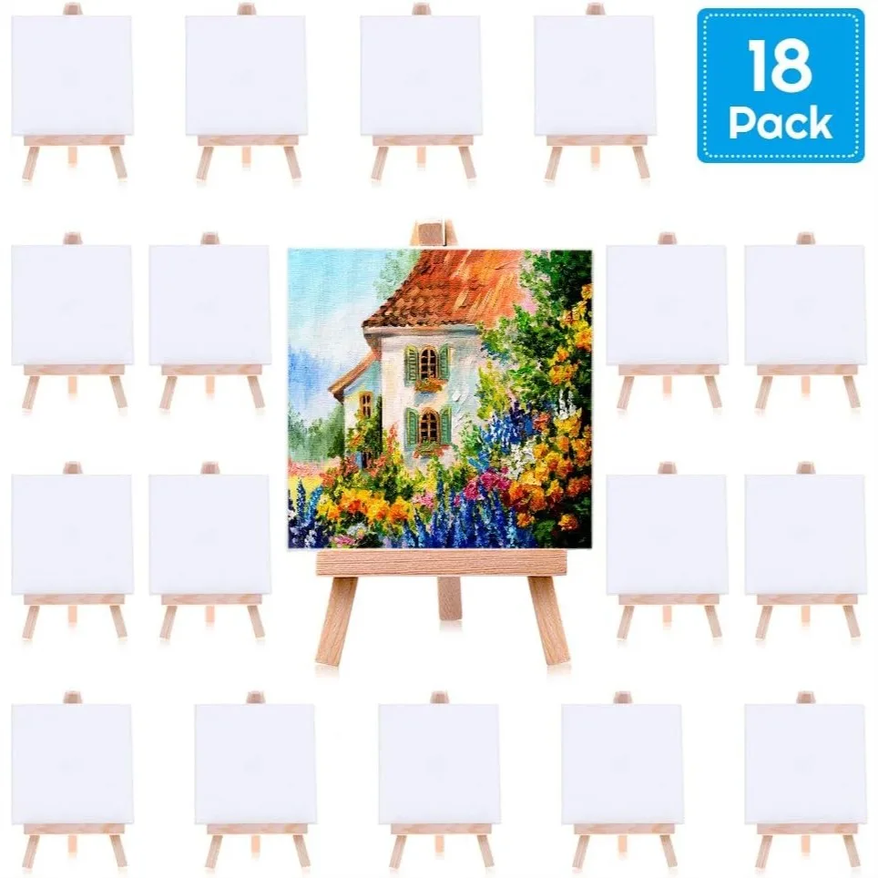 

18 Pack Mini Canvases with Easels for Painting, 4x4 Inch Small Art Canvases for Acrylic Pouring Oil Water Color