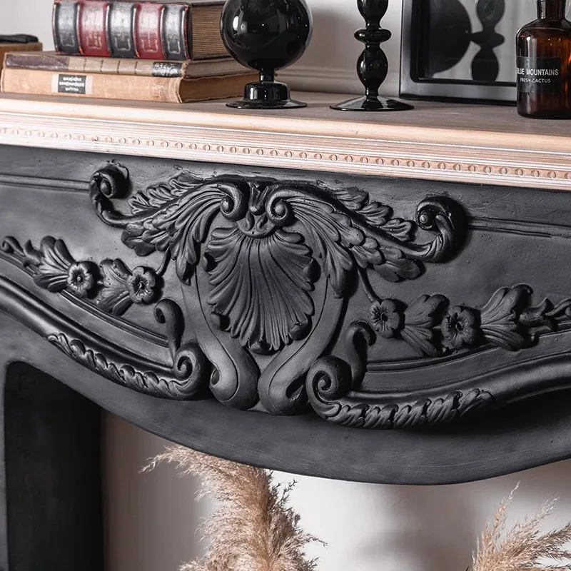 French vintage fireplace decoration, black rustic solid wood fake fireplace cabinet