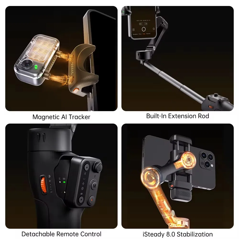 Hohem iSteady V3 مثبت الهاتف الذكي Ai تتبع الوجه 3 محاور الهاتف Gimbal المدمج في Selfie عصا المحمولة آيفون 15/سامسونج