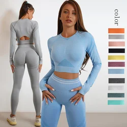 2Pcs Women Autumn Winter Seamless Yoga Set Workout Clothes Long Sleeve Gym Crop Peach Top High Waist Leggings Fitness Sport Suit