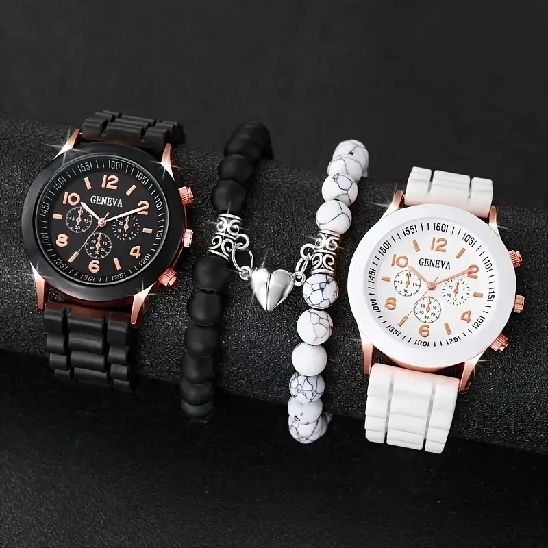 Juego de 4 Relojes de Pareja Clásicos y Modernos, Reloj de Pulsera Magnético con Corazón Blanco y Negro para Hombre y Mujer, Relojes Casuales de Moda