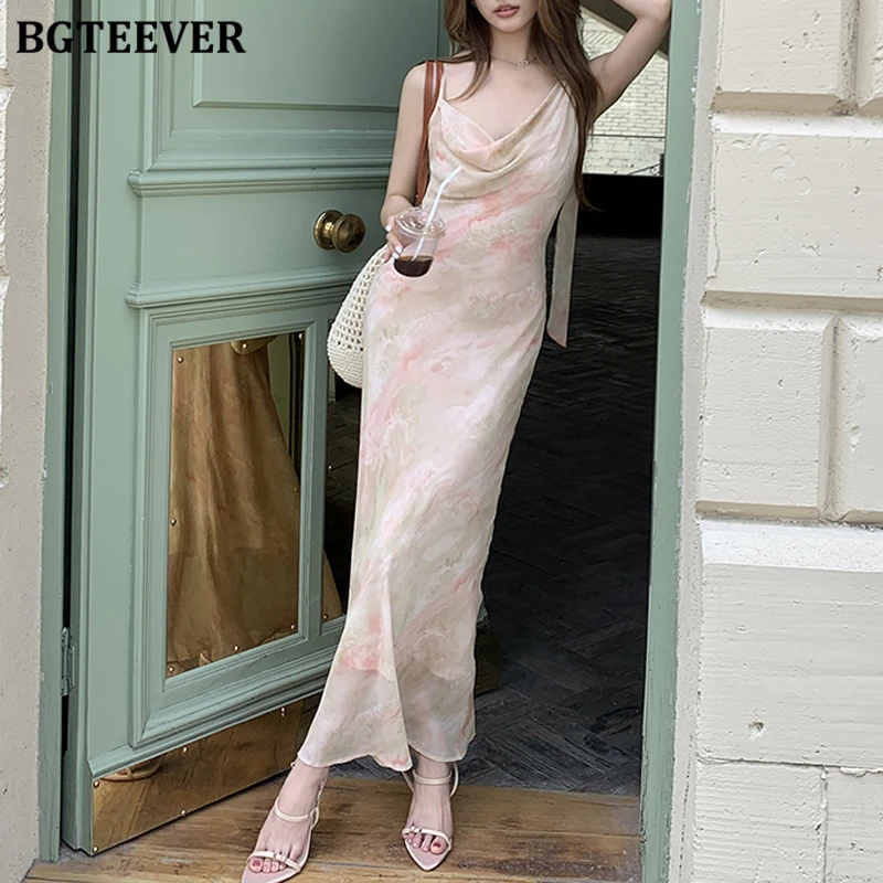 

BGTEEVER Elegant Swinging Collar Skinny Printed Dress for Women Summer Casual Slim Waist Female Sleeveless Package Hip Dress