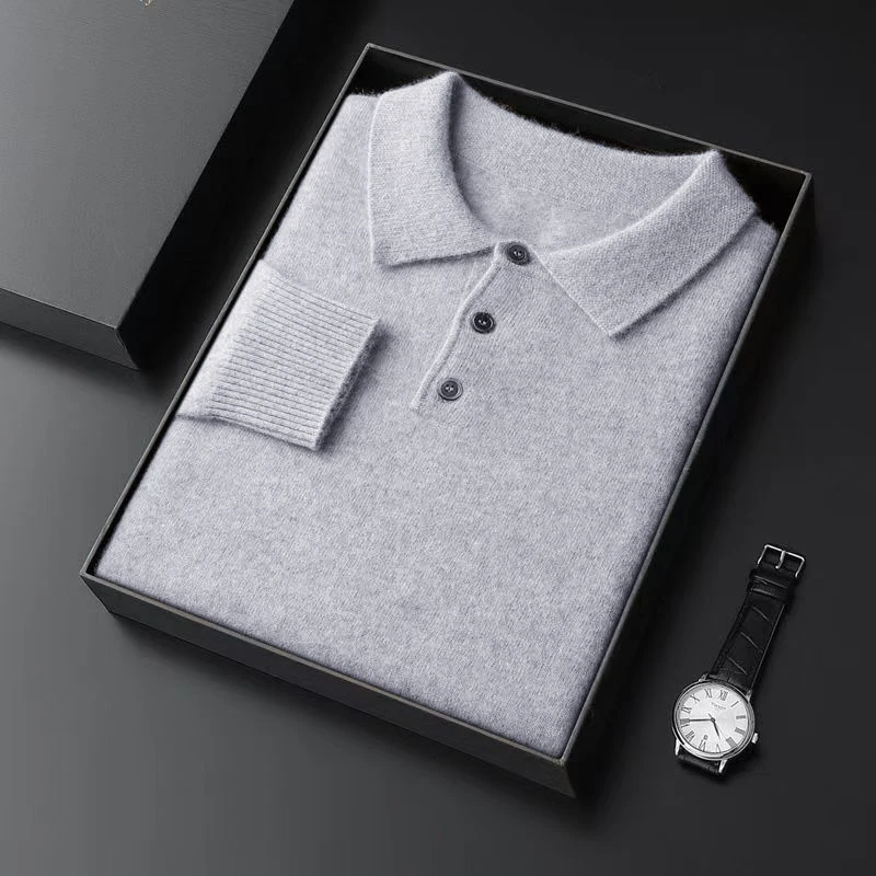 Autumn Mens Knit  Pullover Sweater Lapel Slim Fit Button Pullover HeavyWeight Polo Sweaters Outdoor Winter Warm Solid Streetwear