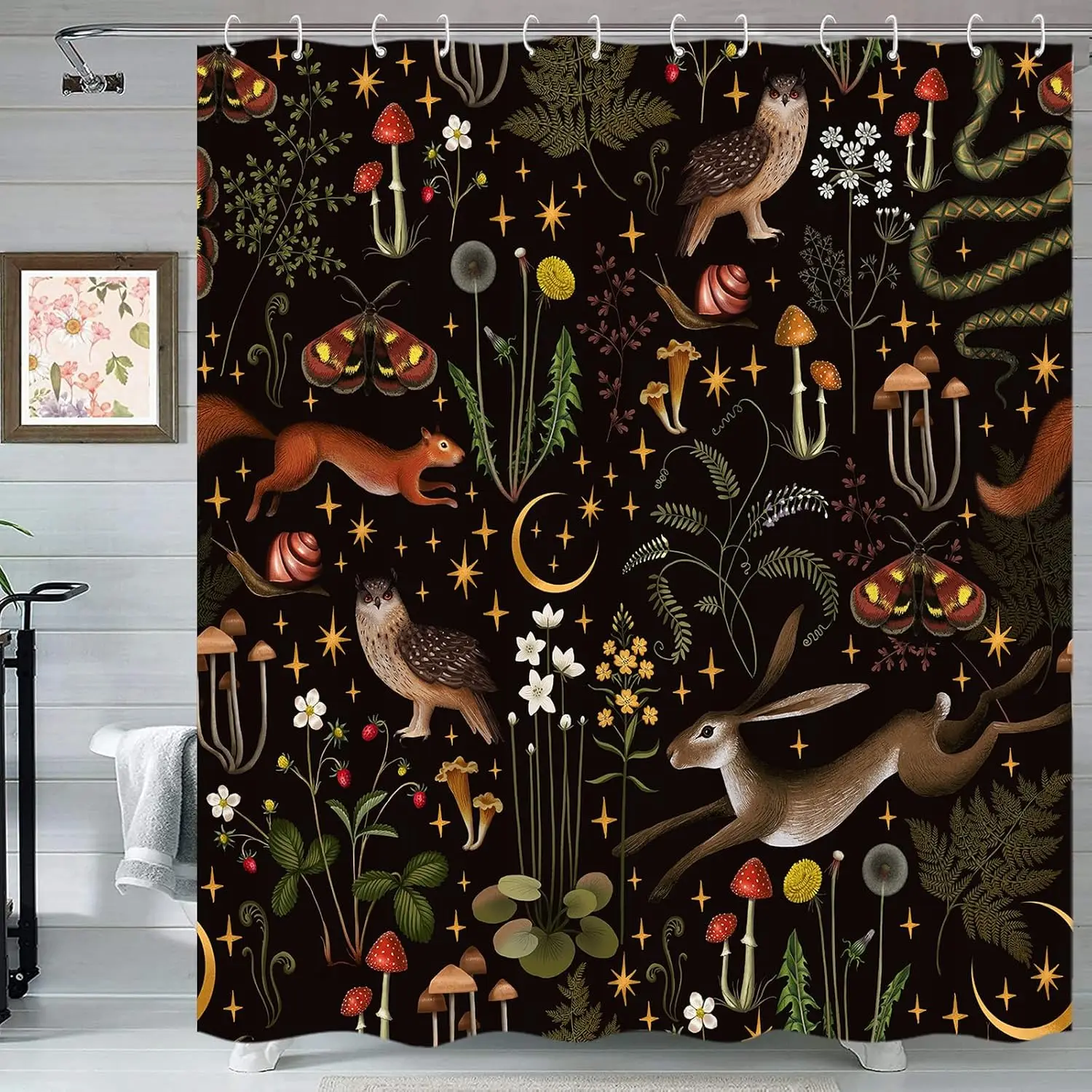 Fairy Rustic Forest Shower Curtain, Boho Cute Funny Gothic Vintage Mushrooms Woodland Wild Animals Butterfly Shower Curtain for Bathroom, Waterproof Fabric Bathroom Curtain Set with Hooks 72X72Inch