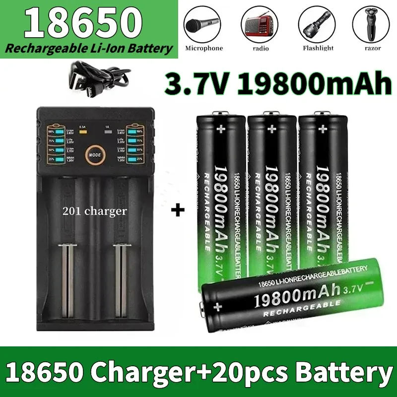 100% New 18650 Battery 3.7V 19800mAh Rechargeable Li-Ion Battery with Charger for Led Flashlight Batery Litio Battery+ Charger