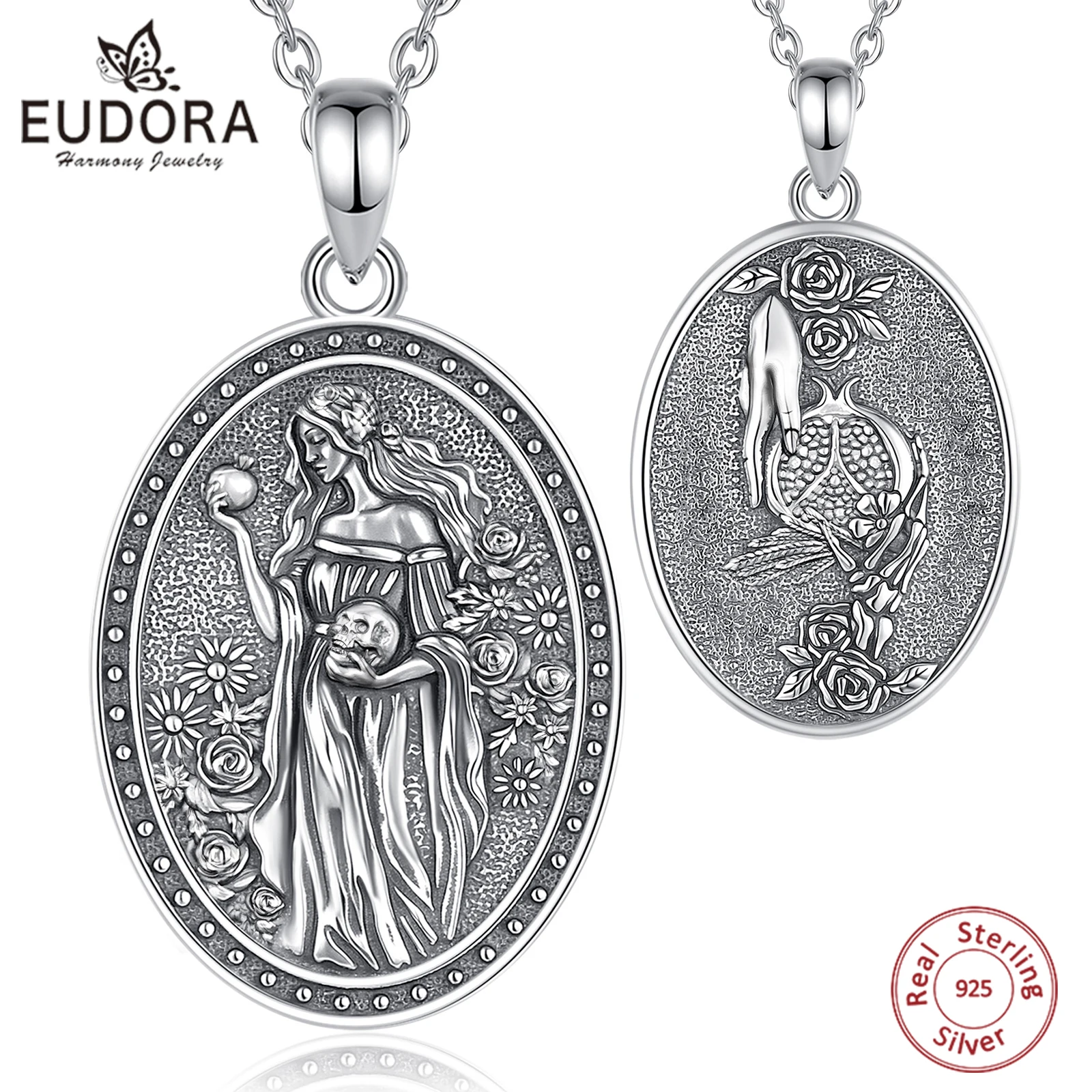 Eudora 925 Sterling Silver Dark Goddess Persephone Necklace Pomegranate Skull Pendant Greek Mythology Wicca Jewelry Women Gift