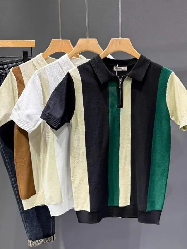 High Quality Lightweight Luxury Spring Short Sleeve Knitted  Shirt Men's Casual Zipper Collar T-Shirt Fashionable Polyest...