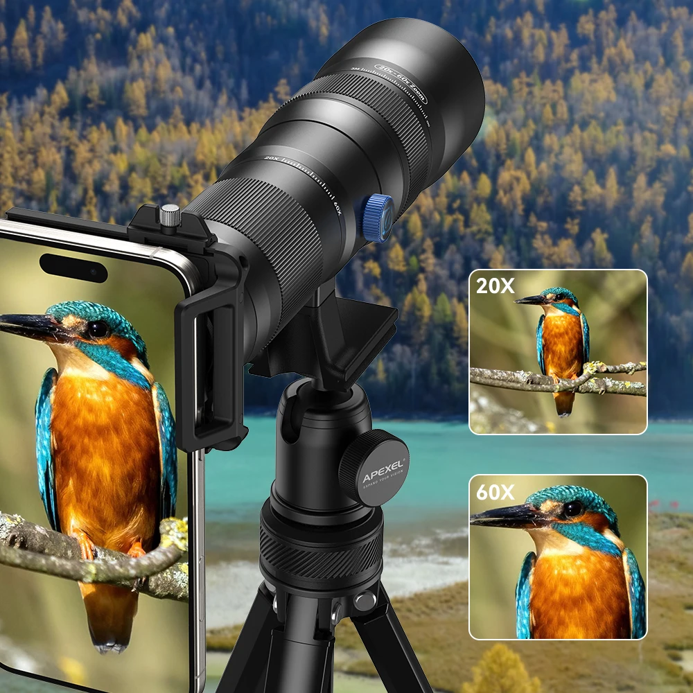 

Телеобъектив APEXEL HD Zoom 20-60x: мощный телеобъектив для наблюдения за птицами, кемпинга, телефонов iPhone и Xiaomi