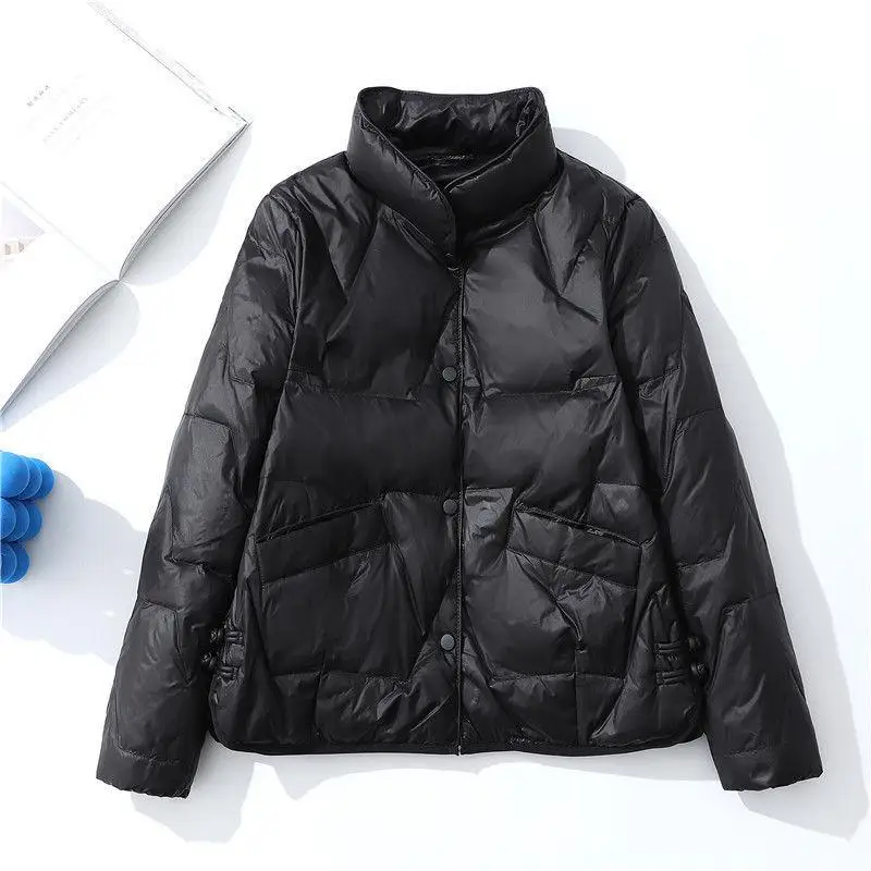 

Loose Fit White Du down ort Coat Korean Sle Stand Collar Warmth Women's Faion Polyester Fiber Button Detailing