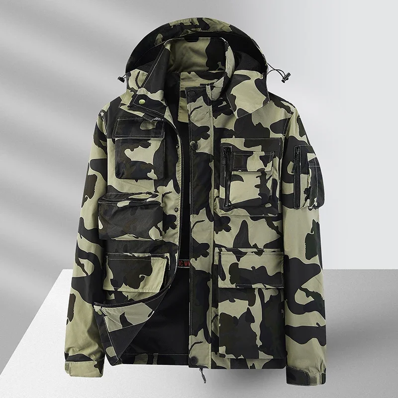 2024 Spring Men Hooded Cargo Jacket Men Autumn Bomber Jackets Camouflage Windbreaker Male Casual Cargo Coats