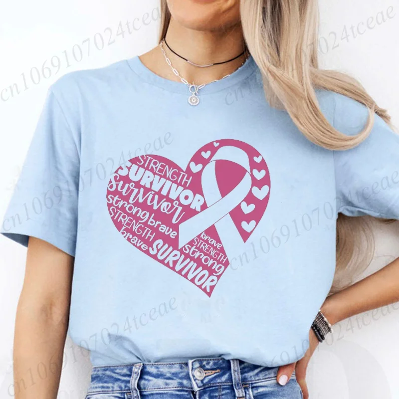 المرأة الوردي الشريط تي شيرت الملابس Harajuku الشارع الشهير تي شيرت بلايز عادية تيز موضة جديدة سرطان الثدي الوعي الحب تي شيرت