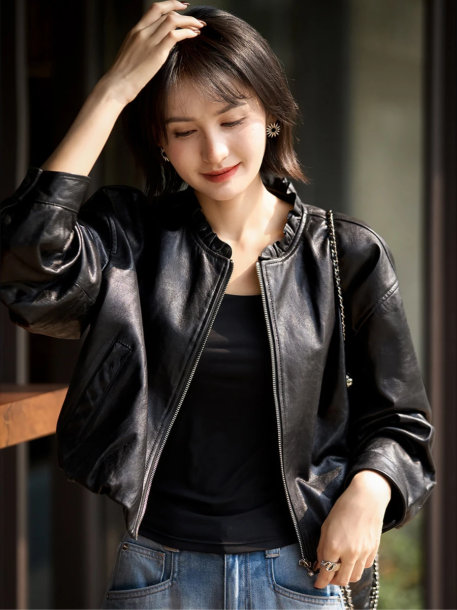 짧은 오일 왁스 가죽 코트 여성 스타일 블랙 버섯 칼라 플로럴 버드 디자인 가을 신상품 방풍 데일리룩