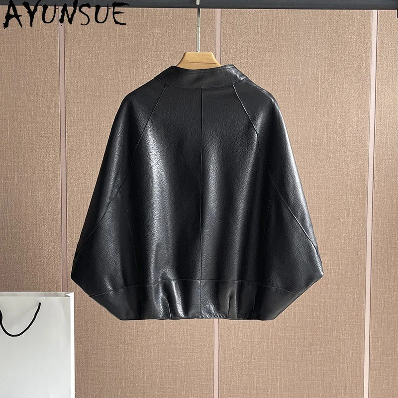 AYUNSUE 100% ของแท้Sheepskinแจ็คเก็ตหนังผู้หญิง 2025 ฤดูใบไม้ร่วงBatwingแขนหลวมแจ็คเก็ตเสื้อผ้าผู้หญิงสั้น 가자켓