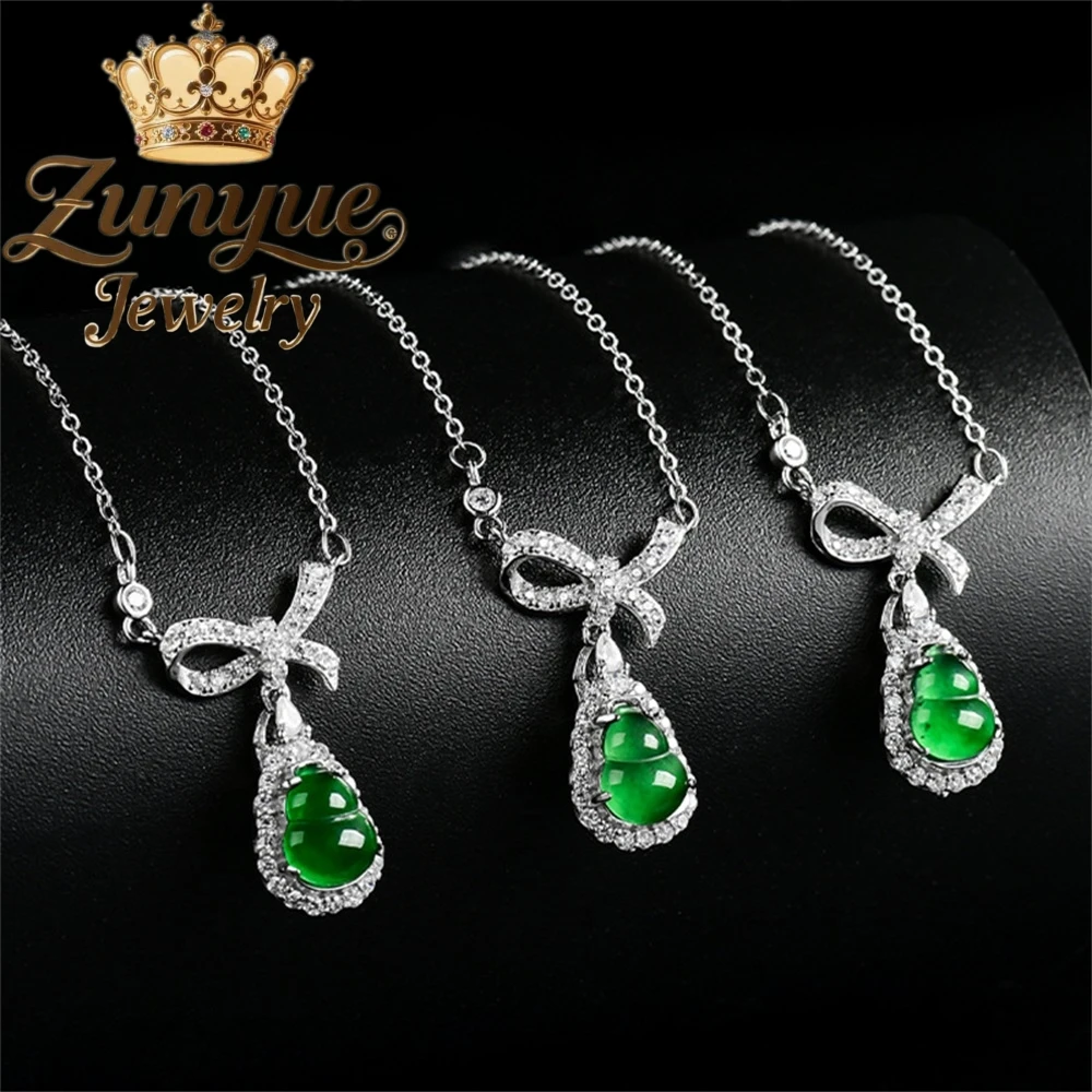 High-End Natural A-Grade Jade Green Gourd Pendant S925 Silver Inlaid Ice-Type Jade Women's Fashionable Pendant Set Chain