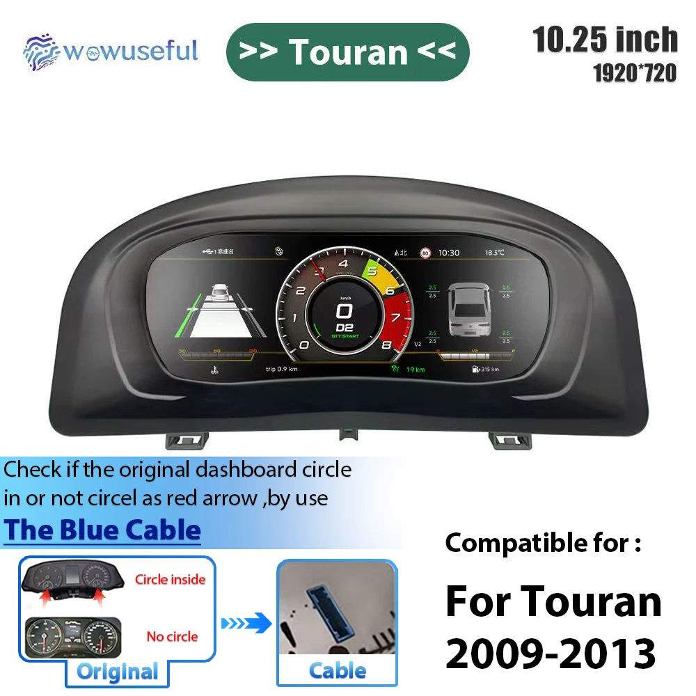Wowuseful 10,25 LCD-Digital-Armaturenbrett-Cluster für VW Variant Caddy Touran T6 EOS Sharan Golf 5, virtuelles Instrumententafel-Cockpit