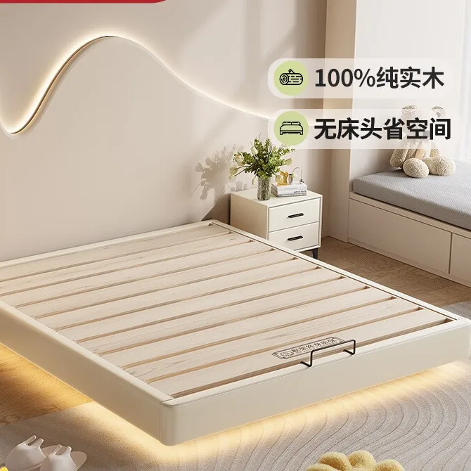All solid wood no bedside bed frame mortise and tenon silent suspended small apartment flush edge row skeleton bed