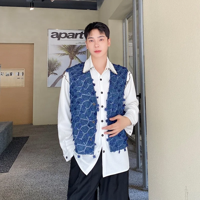 

Весенняя дизайнерская новинка: Мужской джинсовый жилет с металлическими пайетками, высококачественный повседневный кардиган с подплечниками, открытая рабочая куртка