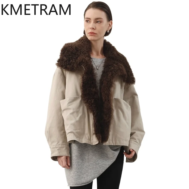 KMETRAM 100% Natural Sheepskin Real Fur Coat Short Stylish Woman Clothing 2025 Oversize Parka Winter New Outerwears шуба женская