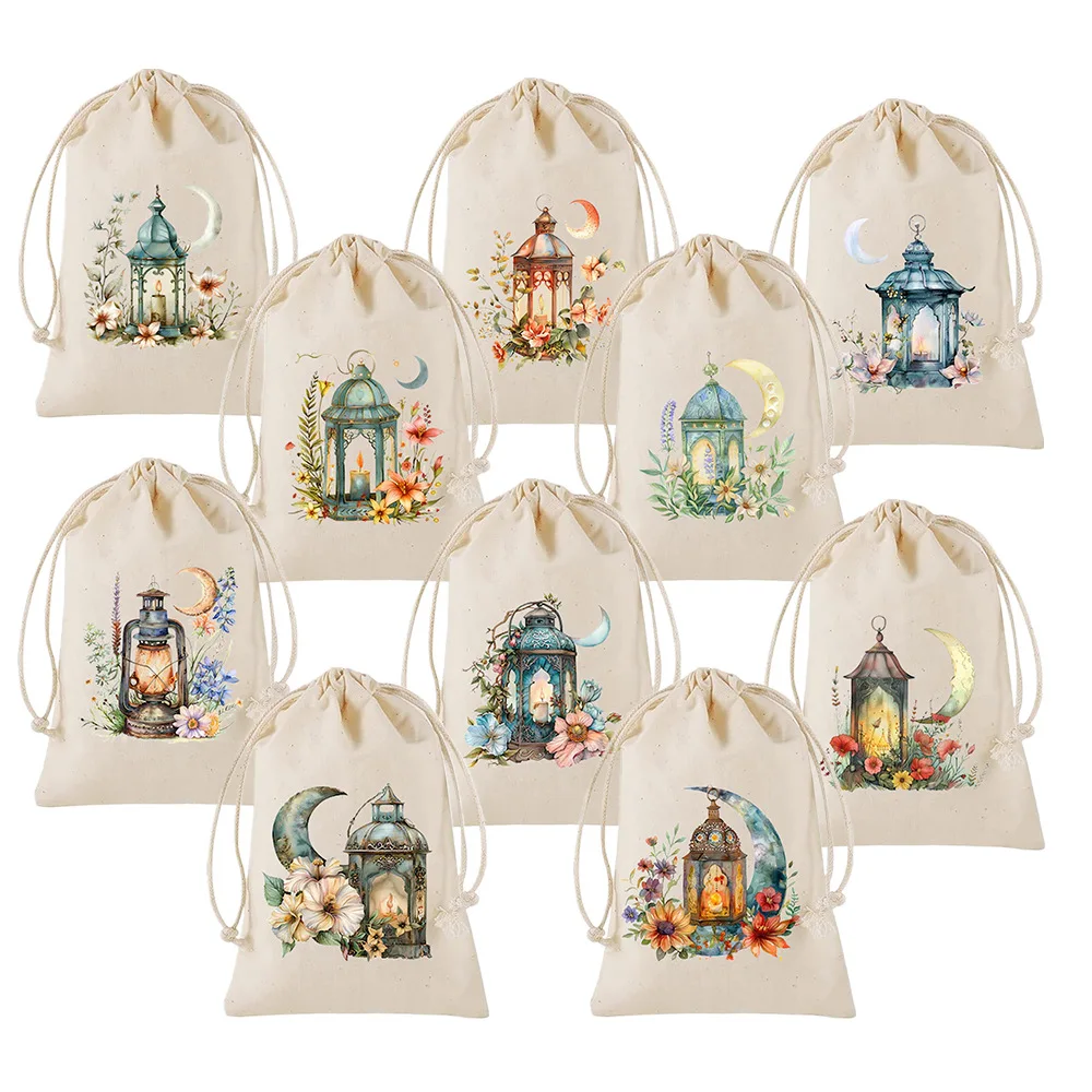 30pcs/lot Arabic Lantern Linen Cotton Drawstring Bags 10x12cm & 11x16cm for Middle East Festival Party Candy Gift Pouches