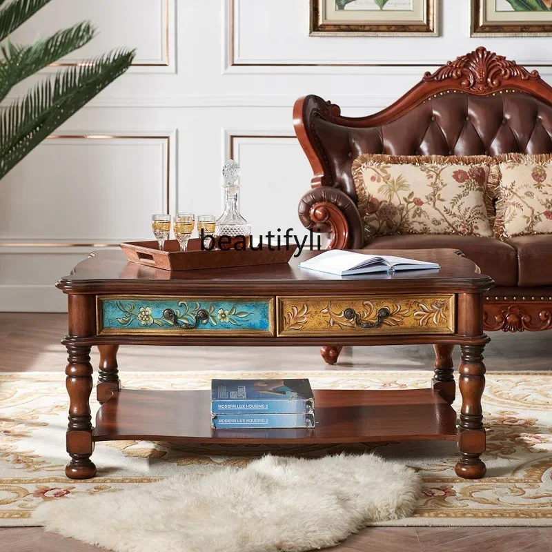 03 American country hand-painted large coffee table retro art small side corner table living room sofa side cabinet flower pot