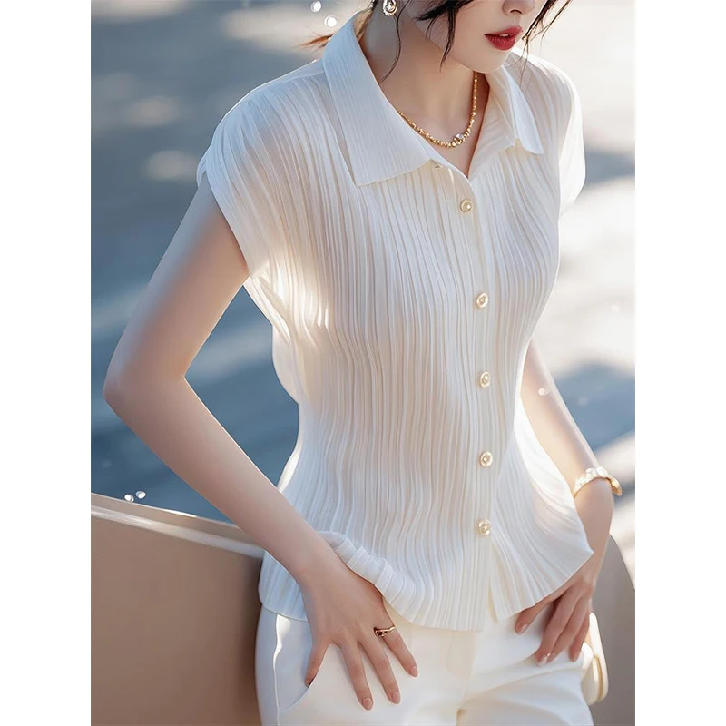 

Women Summer Simplicity Office Lady White Turn-down Collar Appear Thin Short Sleeve Shirts Ladies Fashion Temperament Trend Tops