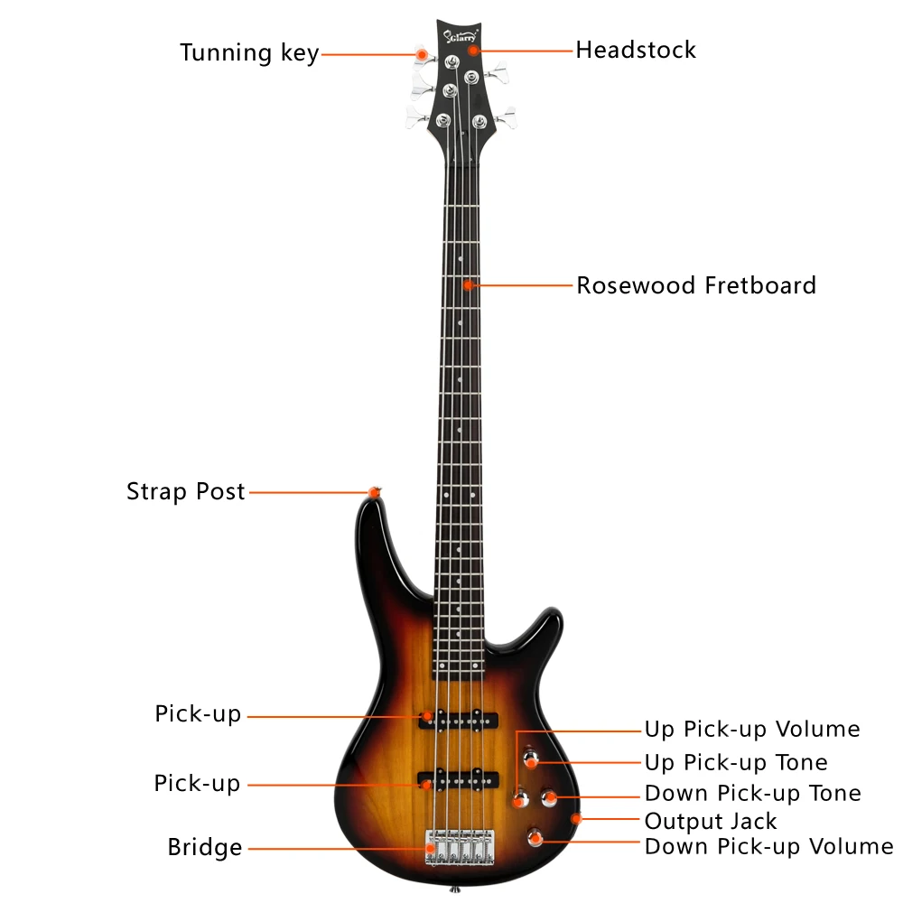 5 String Full Size Electric Bass Guitar SS Pickups and Amp Kit for The Experienced Player Sunset Color