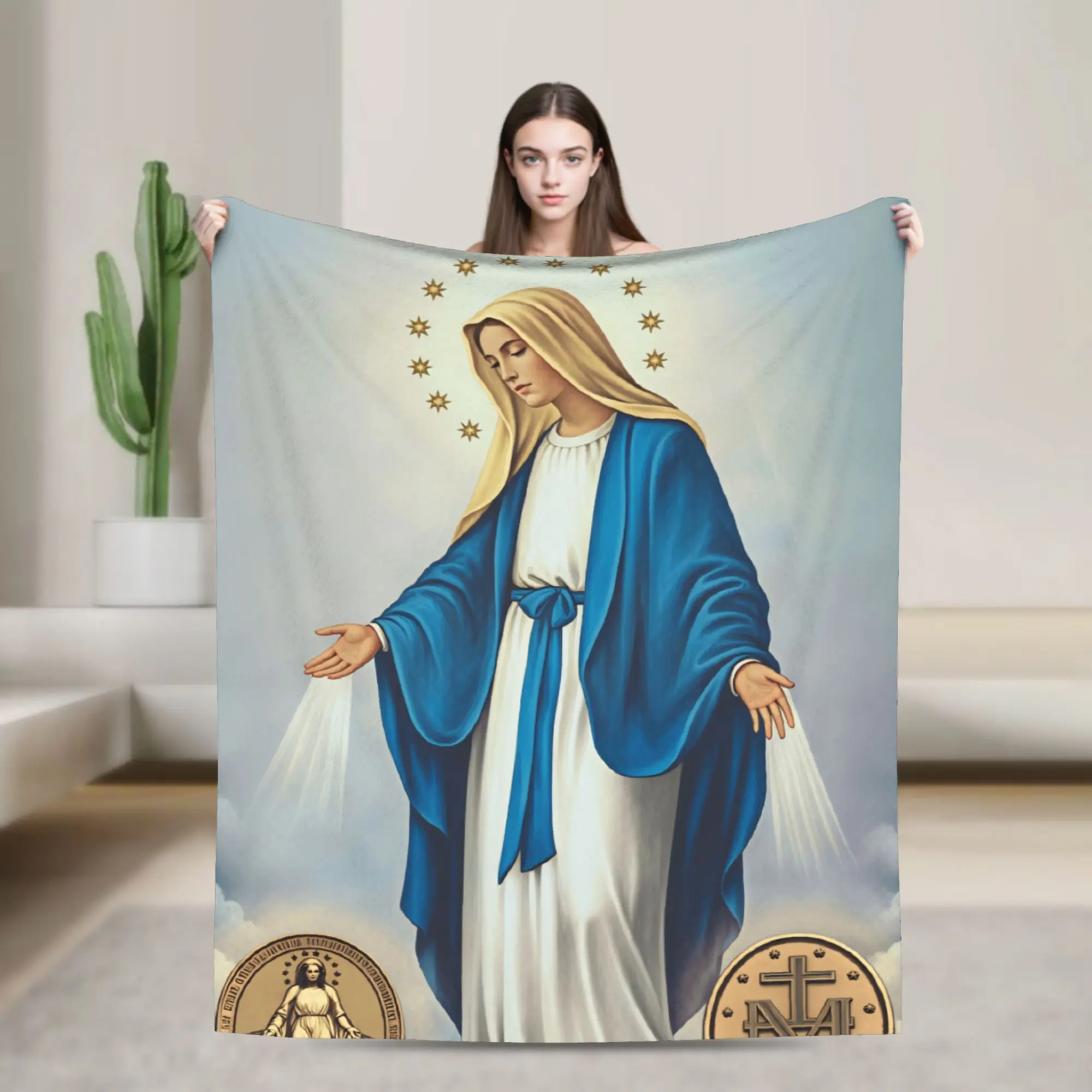 Virgin Mary Our Lady Of Grace With Miraculous Medal And Red Roses Blanket Girl  Flannel Throw Blanket DIY Quality Bedspread Gift
