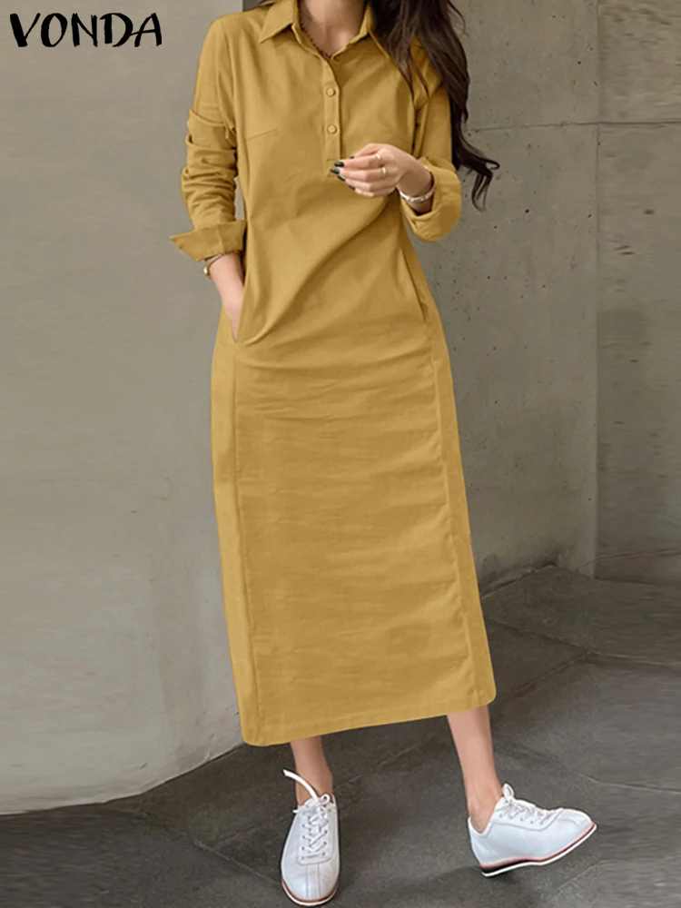 Vonda elegante camisa longa vestidos femininos manga longa lapela gola sólida maxi vestidos 2025 outono botões bolsos festa robe femme