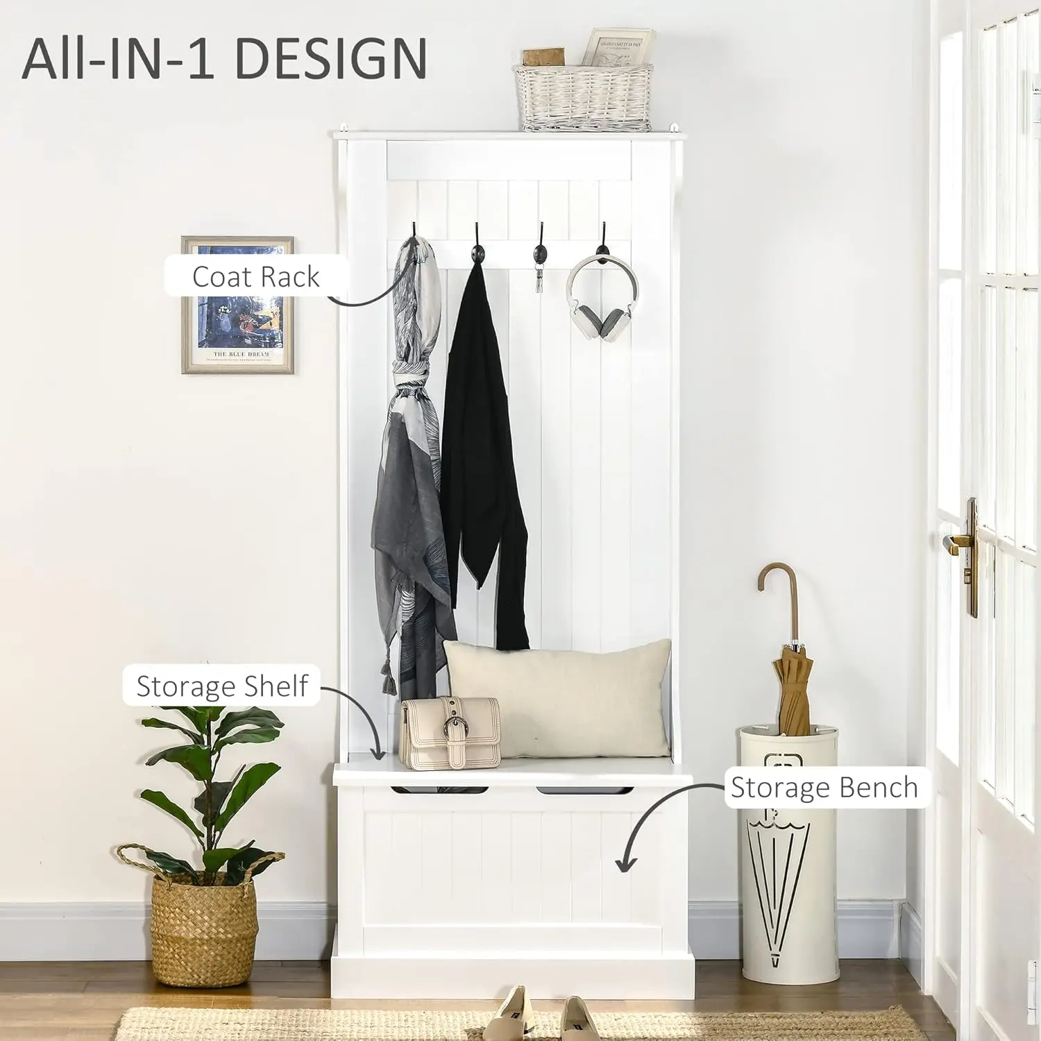 Hall Tree with Bench and Shoe Storage, 3-In-1 Entryway Bench with Coat Rack, 4 Hooks and Top Storage Compartment, White