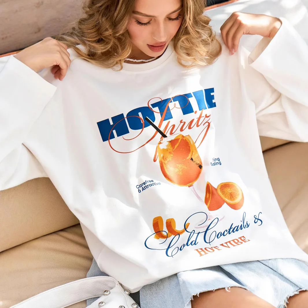 Gorąca, urocza graficzna bluza z nadrukiem soków, luźne bawełniane białe bluzy damskie, słodkie, personalizowane, moda uliczna, jesień.