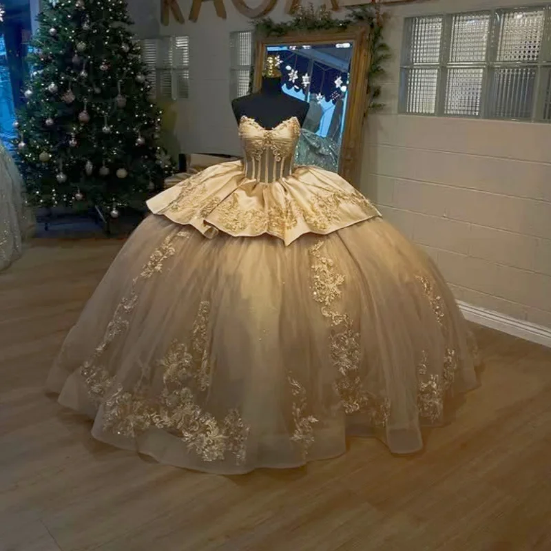 

Champagne Gold Quinceanera Dress off-shoulder layering flower decal Long tail Bow vestidos de 15 Quinceanera ﻿Customize