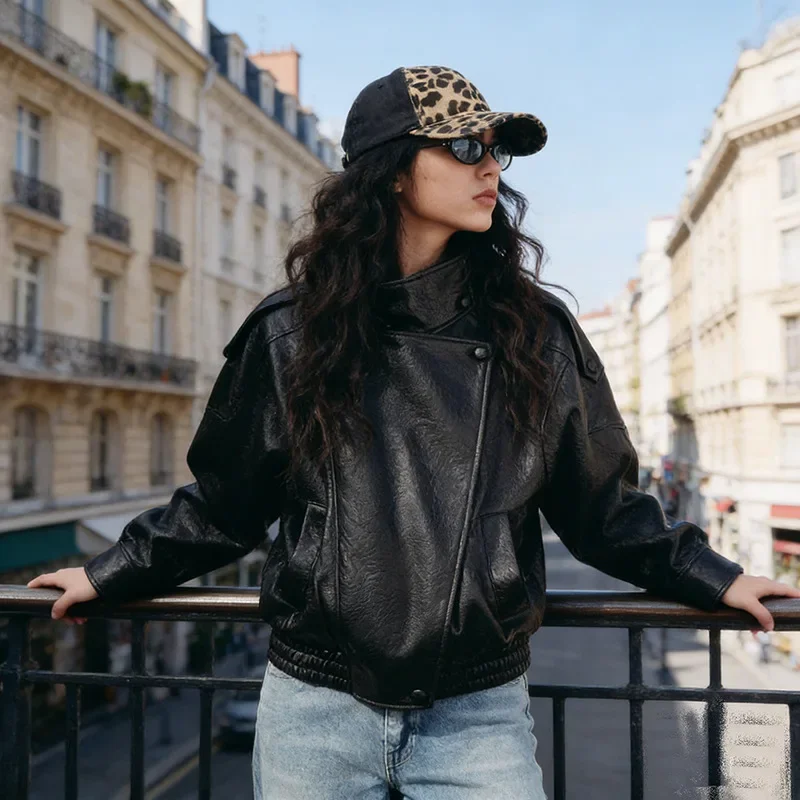 Women Faux Leather Jackets Turtleneck Solid Streetwear Y2k Jacket Long Sleeve Button Casual Pocket Spliced Coats Autumn Winter